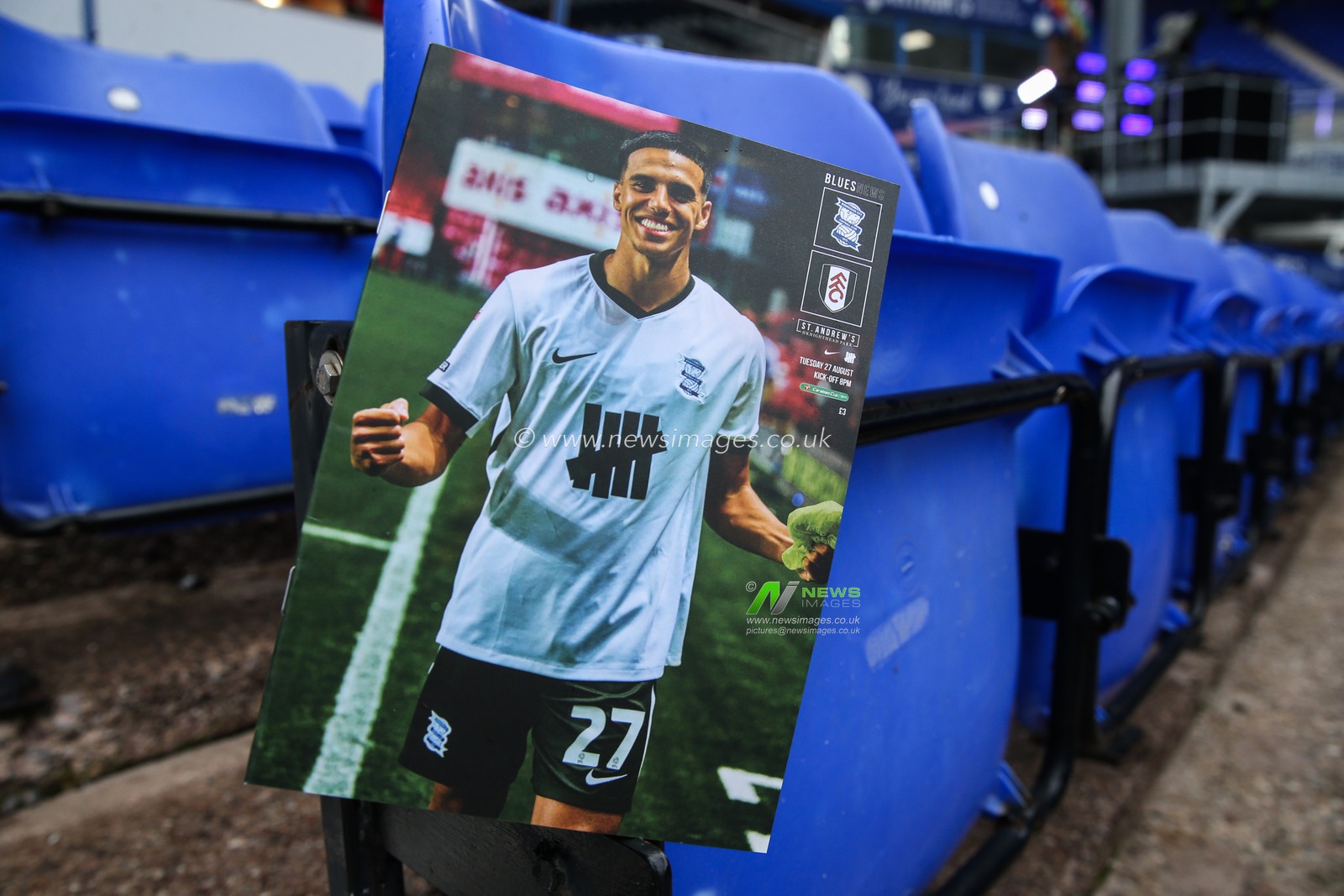 Brandon Khela of Birmingham City on the front cover of todays match day programme ahead of the Carabao Cup match Birmingham City vs Fulham at St Andrews, Birmingham, United Kingdom, 27th August 2024

(Photo by Gareth Evans/News Images)