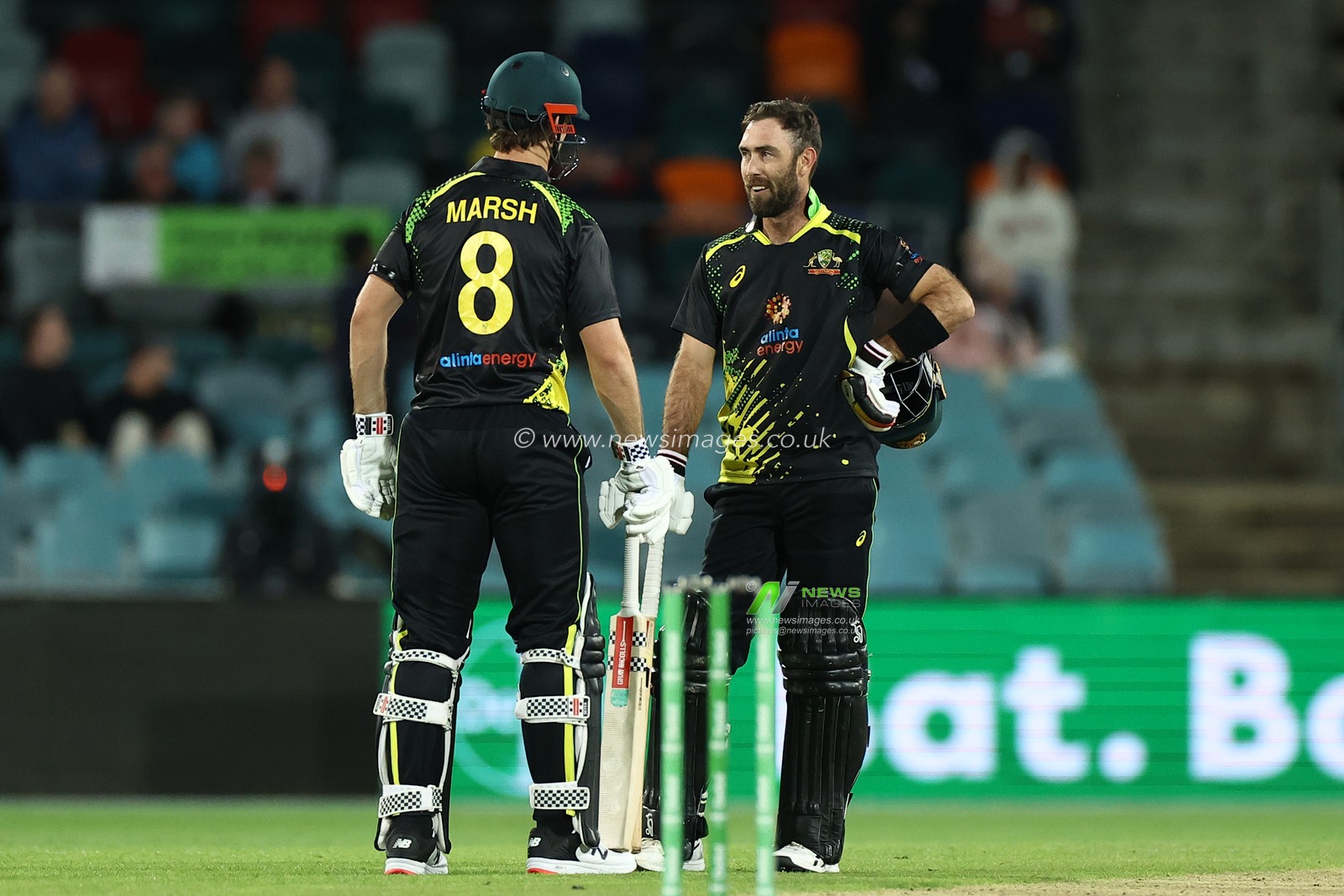 Glenn Maxwell of Australia is seen with Mitchell Starc of Australia during the Dettol T20I Series 2 of 3 match Australia vs England at Manuka Oval, Canberra, Australia, 12th October 2022

(Photo by Patrick Hoelscher/News Images)