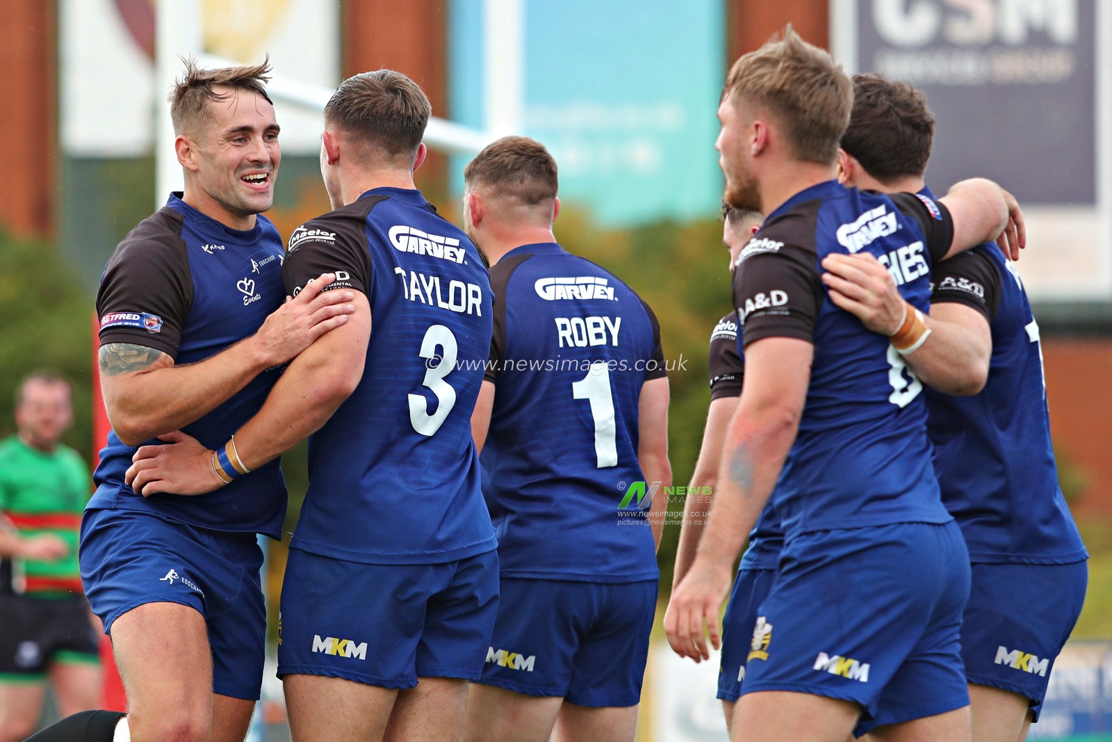 Toby Hughes of North Wales Crusaders celebrates his try during the Betfred League 1 match North Wales Crusaders vs Keighley Cougars at Stadiwm CSM, Colwyn Bay, United Kingdom, 31st August 2025(Photo by Sam Eaden/News Images)