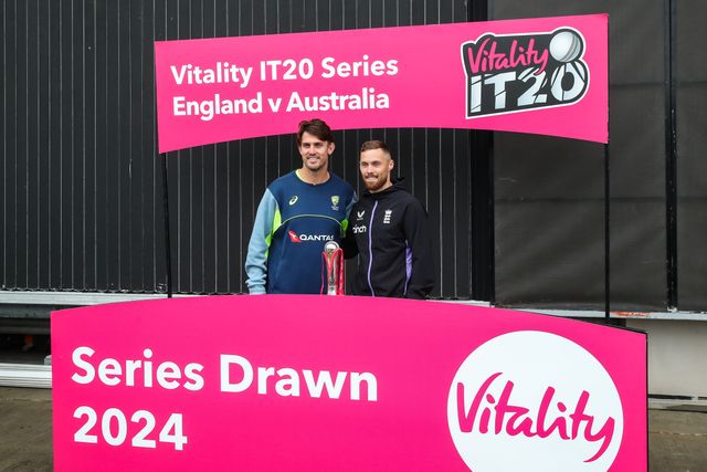 Mitchell Marsh of Australia and Phil Salt of England pose for a photo with the trophy after the Third Vitality IT20 Series match England vs Australia at Old Trafford, Manchester, United Kingdom, 15th September 2024

(Photo by Gareth Evans/News Images)