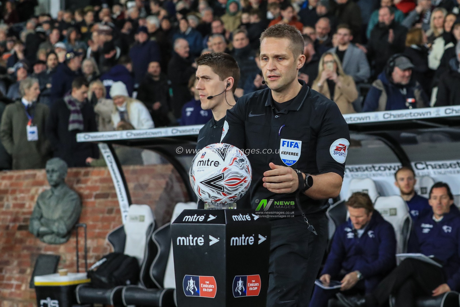 5th March 2020, Pride Park Stadium, Derby, England; Emirates FA Cup 5th Round, Derby County v Manchester United : The official Emirates FA Cup Mitre Delta Match Ball   is collected by referee Craig Pawson