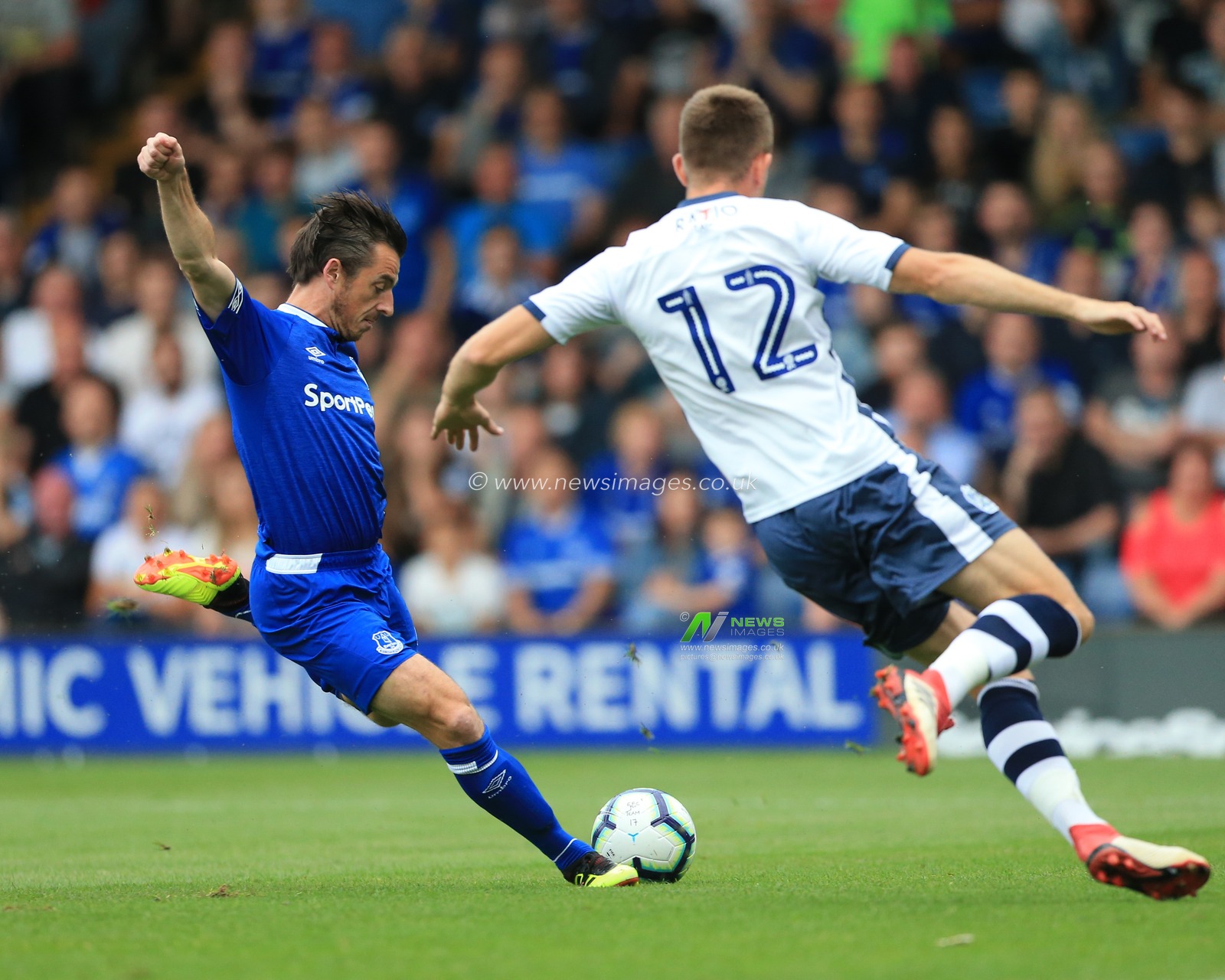 14th July 2018 , Gigg Lane, Bury, England; Pre-season friendly , Bury v Everton; Leighton Bains of Everton shoots on goal