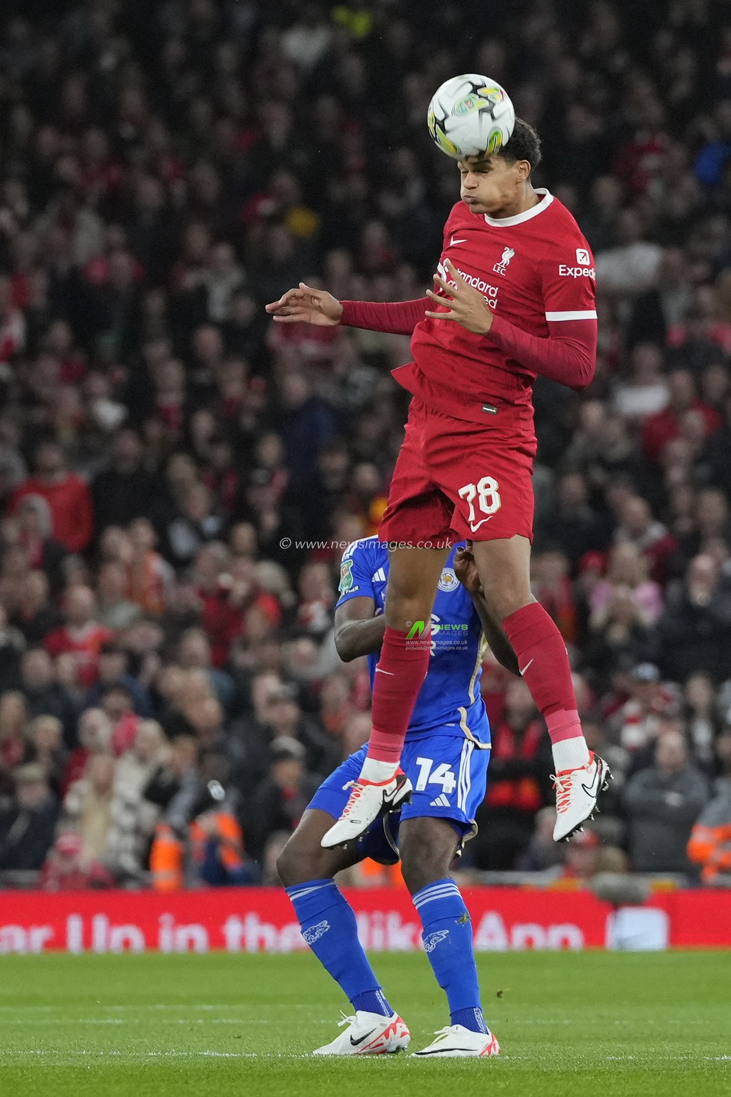 Jarell Quansah #78 of Liverpool heads clear during the Carabao Cup Third Round match Liverpool vs Leicester City at Anfield, Liverpool, United Kingdom, 27th September 2023

(Photo by Steve Flynn/News Images)