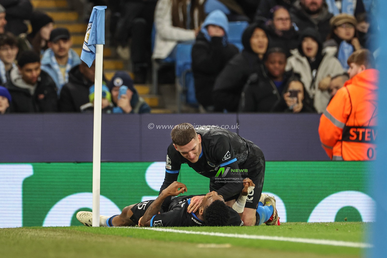 Raphael Onyedika of Club Brugge celebrates his goal to make it 0-1 during the UEFA Champions League Matchday 8 of 8 Manchester City vs Club Brugge at Etihad Stadium, Manchester, United Kingdom, 29th January 2025

(Photo by Mark Cosgrove/News Images)