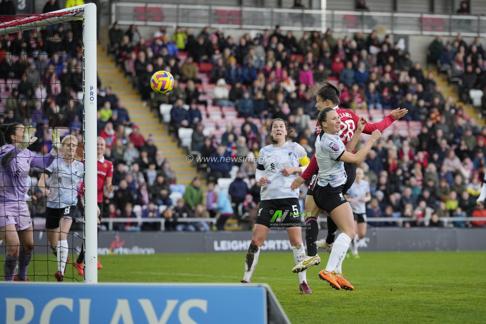 Rachel Williams #28 of Manchester United heads a goal to make it 6-0 during the The Fa Women's Super League match Manchester United Women vs Liverpool Women at Leigh Sports Village, Leigh, United Kingdom, 15th January 2023

(Photo by Steve Flynn/News Images)