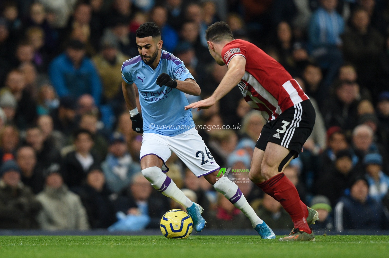 29th December 2019, Etihad Stadium, Manchester, England; Premier League, Manchester City v Sheffield United : Riyad Mahrez (26) of Manchester City in action during the game.

Credit: Richard Long/News Images