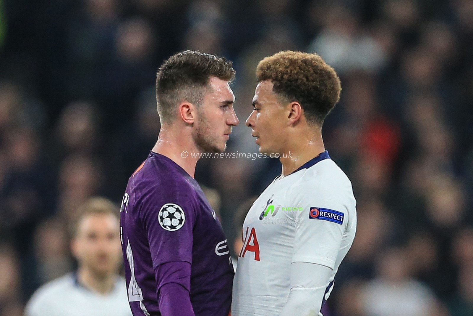 9th April 2019, Tottenham Hotspur Stadium, London, England ; UEFA Champions League, Quarter Final, Tottenham vs Manchester City ; Dele Alli (20) of Tottenham and Aymeric Laporte (14) of Manchester City square up

Credit: Mark Cosgrove/News Images