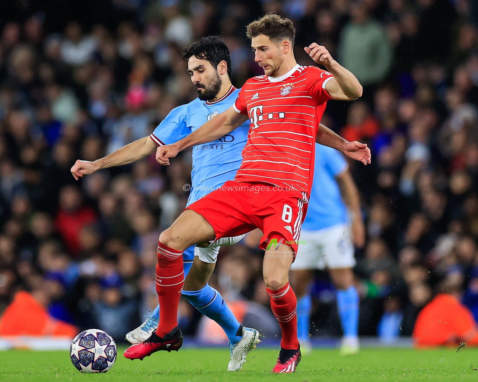 Leon Goretzka #8 of Bayern Munich and Ä°lkay GÃ¼ndoÄŸan #8 of Manchester City battle for the ball during the UEFA Champions League Quarter-Finals 1st Leg Manchester City vs Bayern Munich at Etihad Stadium, Manchester, United Kingdom, 11th April 2023

(Photo by Conor Molloy/News Images)