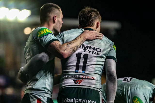 George Pearson of Leicester Tigers celebrates his try during the Premiership Rugby Cup match Newcastle Red Bulls vs Leicester Tigers at Kingston Park, Newcastle, United Kingdom, 31st October 2025

(Photo by Alfie Cosgrove/News Images)

*** GER AUT SUI OUT ***