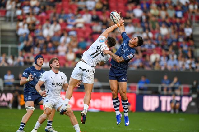 Louis Rees-Zammit of Bristol Bears and Henry Arundell of Bath Rugby battle for a high ball during the Gallagher Premiership match Bristol Bears vs Bath at Ashton Gate, Bristol, United Kingdom on 29 May 2026

(Photo by Alex Williamson/News Images)