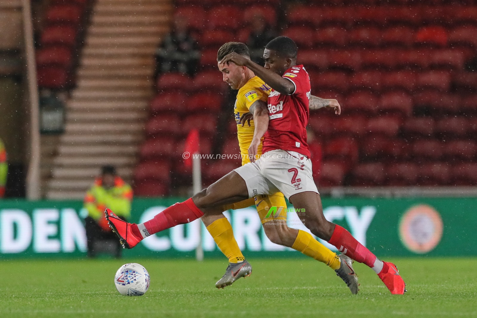 1st October 2019, Riverside Stadium, Middlesbrough, England; Sky Bet Championship, Middlesbrough v Preston North End : Anfernee Dijksteel (2) of Middlesbrough and SeÃ¡n Maguire (24) of Preston North End dual for the ball 

Credit: Mark Cosgrove/News Images