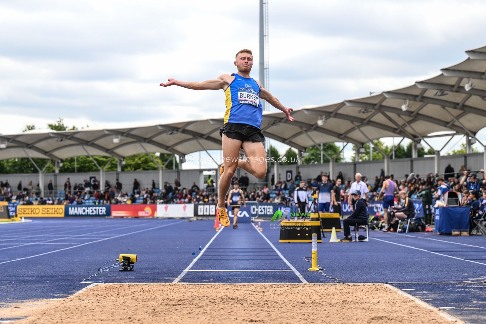 Burkey competes in the Mens long jump during the Microplus UK Athletics Championships Day 1 at Manchester Regional Arena, Manchester, United Kingdom, 29th June 2024

(Photo by Craig Thomas/News Images)