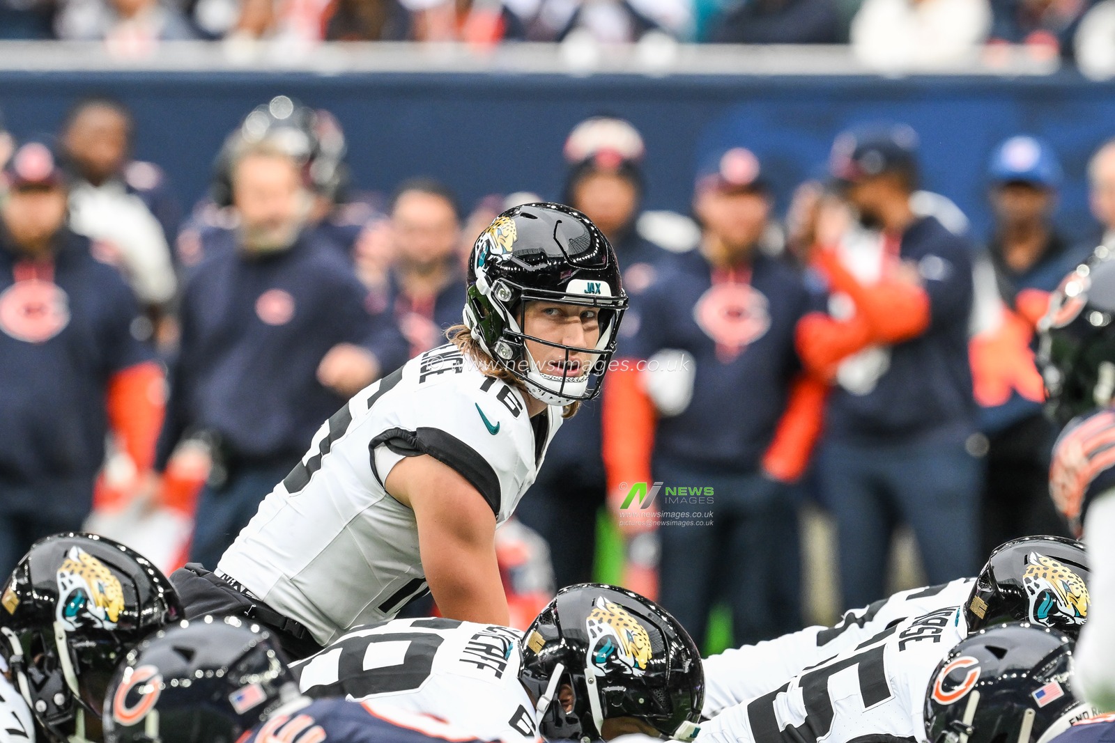 Trevor Lawrence of the Jacksonville Jaguars at the line of scrummage during the Week 6 match Chicago Bears vs Jacksonville Jaguars at Tottenham Hotspur Stadium, London, United Kingdom, 13th October 2024

(Photo by Craig Thomas/News Images)