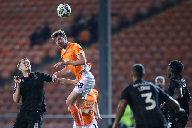 Jake Beesley of Blackpool heads the ball on during the Carabao Cup match Blackpool vs Sheffield Wednesday at Bloomfield Road, Blackpool, United Kingdom, 17th September 2024

(Photo by Gareth Evans/News Images)