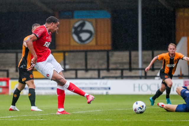 Miles Leaburn of Charlton Athletic scores to make it 1-0 during the Pre-season friendly match Cambridge United vs Charlton Athletic at Abbey Stadium, Cambridge, United Kingdom, 26th July 2025

(Photo by Izzy Poles/News Images)