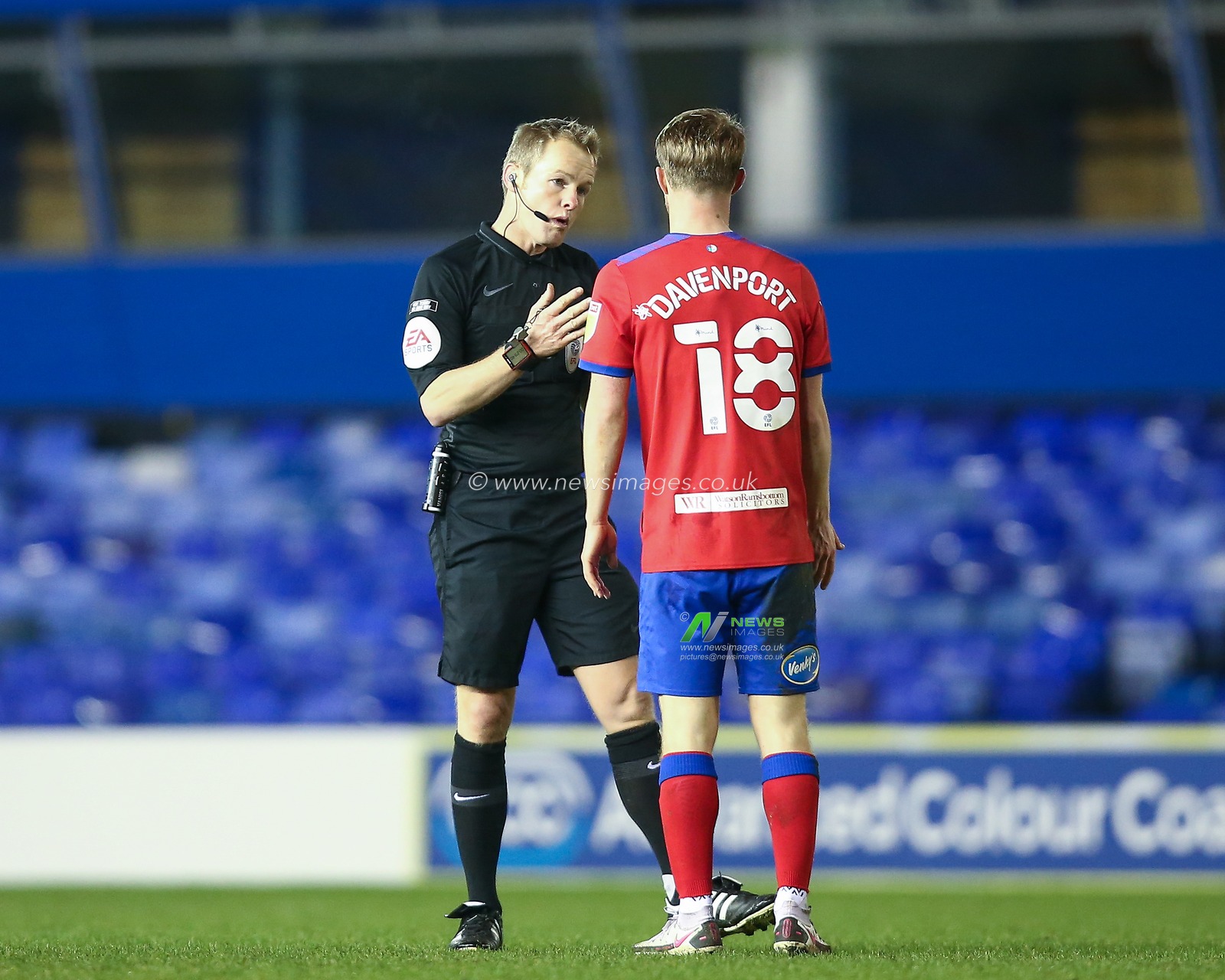 Jacob Davenport #18 of Blackburn Rovers gets a telling off from referee Gavin Ward