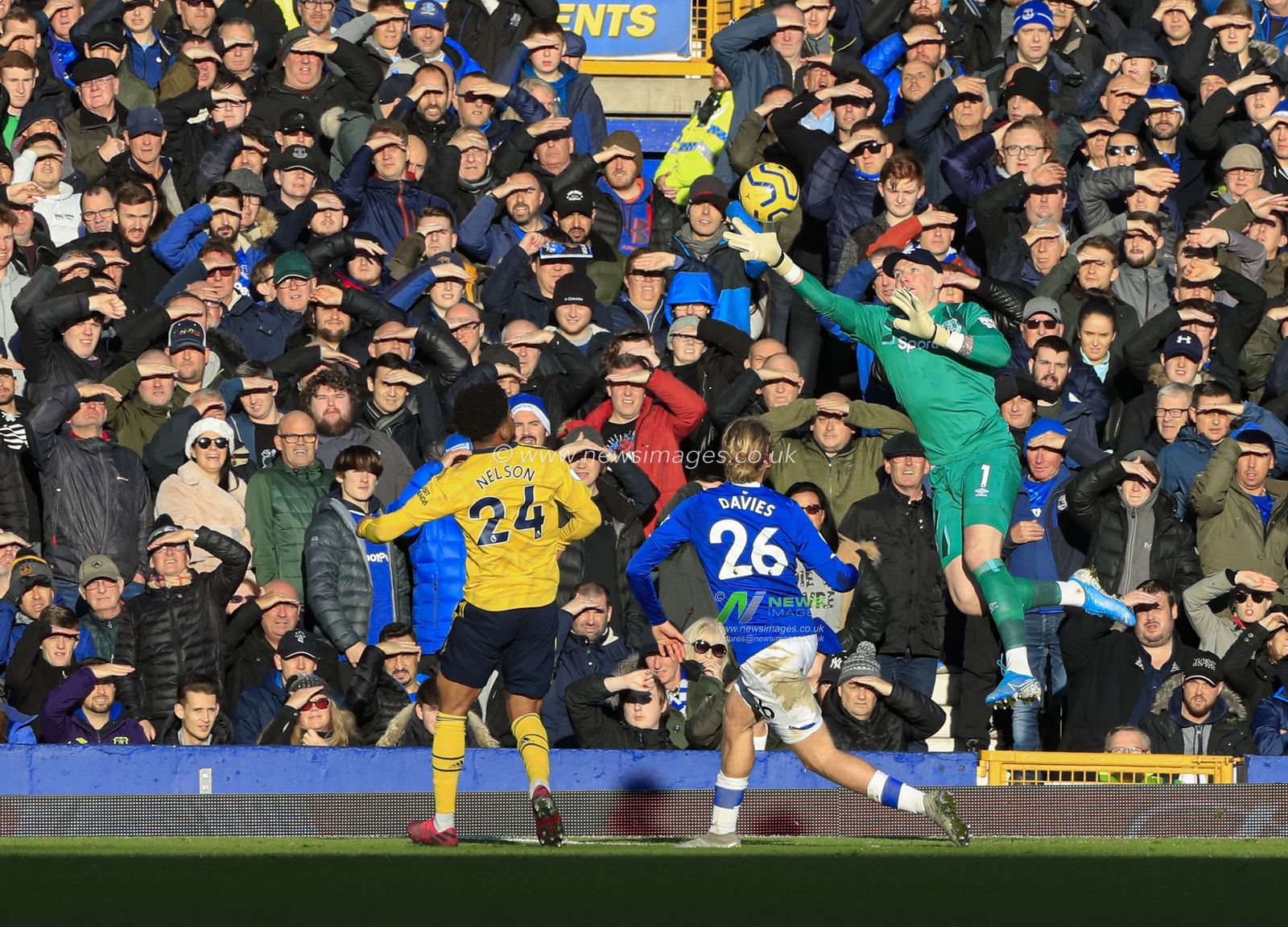 21st December 2019, Goodison Park, Liverpool, England; Premier League, Everton v Arsenal : Jordan Pickford (1) of Everton comes to claim the ball
Credit: Conor Molloy/News Images