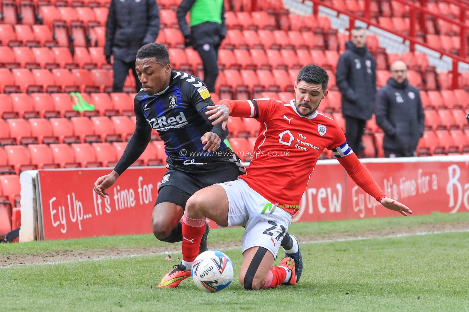 Darnell Fisher #20 of Middlesbrough is fouled by Alex Mowatt #27 of Barnsley during the Sky Bet Championship Barnsley v Middlesbrough, Oakwell, Barnsley, South Yorkshire, UK, 10/04/2021