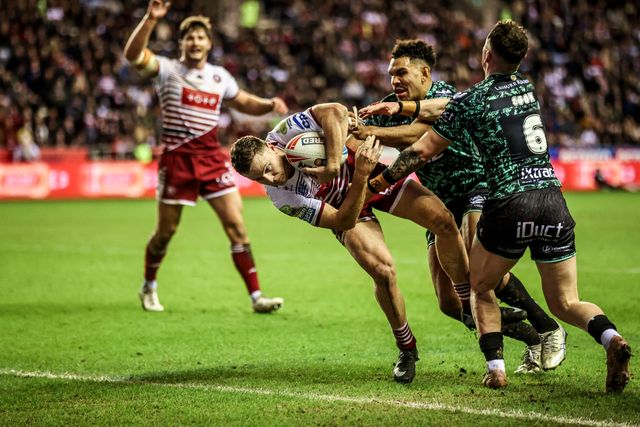 Jai Field of Wigan Warriors goes over for a try during the Betfred Super League match Wigan Warriors vs Leigh Leopards at The Brick Community Stadium, Wigan, United Kingdom on 26 February 2026

(Photo by Alfie Cosgrove/News Images)