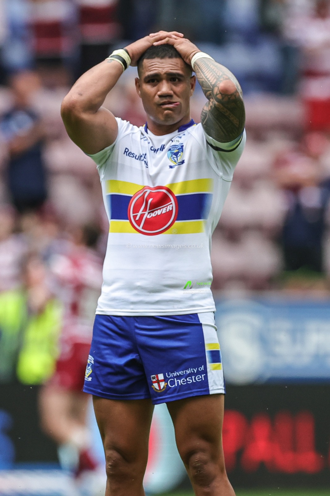 A dejected Pete Mataâ€™utia #3 of Warrington Wolves holds his head after his forward pass ruled Josh Thewlis #2 of Warrington Wolvesâ€™s try a â€œNO TRYâ€ during the Betfred Challenge Cup Quarter-Final match Wigan Warriors vs Warrington Wolves at DW Stadium, Wigan, United Kingdom, 18th June 2023

(Photo by Mark Cosgrove/News Images)