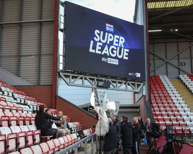Betfred Super League Sky Sports logo on the large LCD as Skyâ€™s rugby league team do a live broadcast screen during the Betfred Super League Round 26 match Leigh Leopards vs St Helens at Leigh Sports Village, Leigh, United Kingdom, 12th September 2025

(Photo by Mark Cosgrove/News Images)