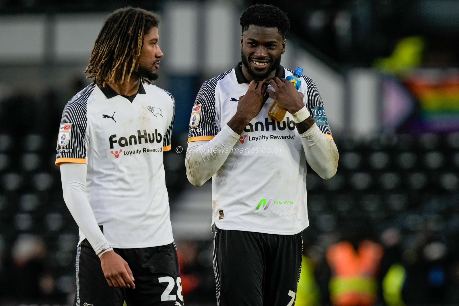 Patrick Agyemang of Derby County and Dion Sanderson of Derby County celebrate the team victory during the Sky Bet Championship match Derby County vs Swansea City at Pride Park Stadium, Derby, United Kingdom on 14 February 2026

(Photo by Maynard Manyowa/News Images)