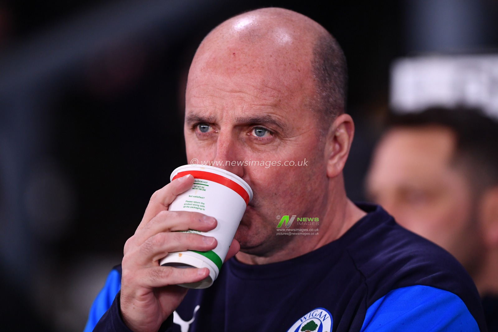 5th March 2019, Pride Park, Derby, England; Sky Bet Championship, Derby County vs Wigan Athletic ; Paul Cook Manager of Wigan enjoys a cup of tea 

Credit: Jon Hobley/News Images 

English Football League images are subject to DataCo Licence