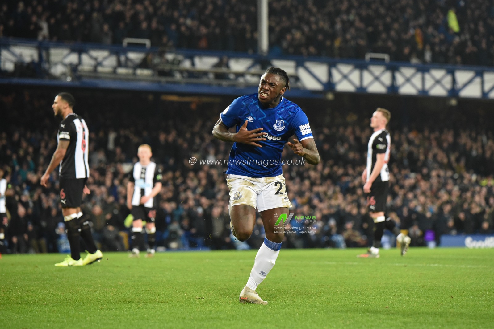 21st January 2020, Goodison Park, Liverpool, England; Premier League, Everton v Newcastle United : Moise Kean (27) of Everton celebrates scoring a goal to make the score 1-0