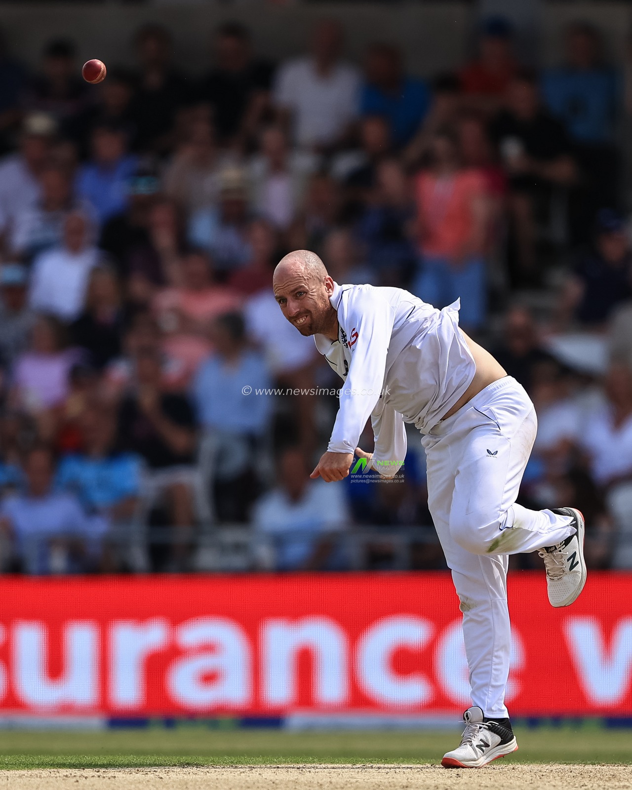 Jack Leach of England delivers the ball