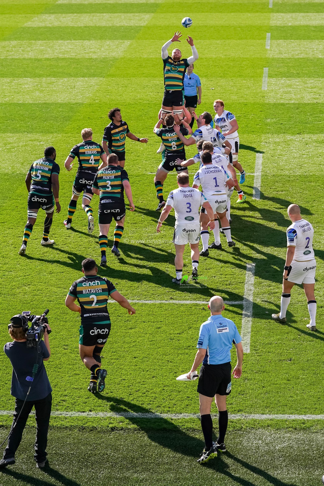 Nick Isiekwe #6 of Northampton Saints wins the line out