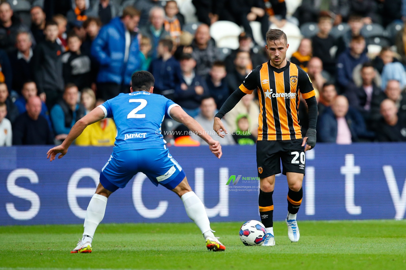 Dimitrios Pelkas #20 of Hull City and Maxime Colin #2 of Birmingham City during the Sky Bet Championship match Hull City vs Birmingham City at MKM Stadium, Hull, United Kingdom, 16th October 2022

(Photo by Ben Early/News Images)