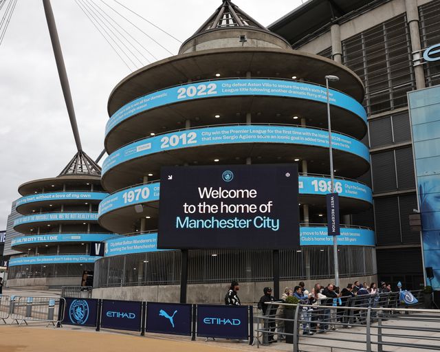 Welcome to the home of Manchester City on the LCD screen during the Emirates FA Cup Quarter-Final match Manchester City vs Liverpool at Etihad Stadium, Manchester, United Kingdom on 04 April 2026

(Photo by Mark Cosgrove/News Images)