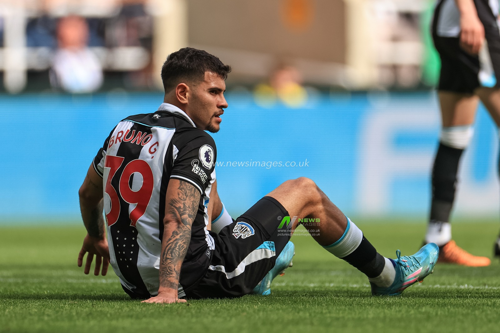 Bruno Guimaraes #39 of Newcastle United lays on the floor injured