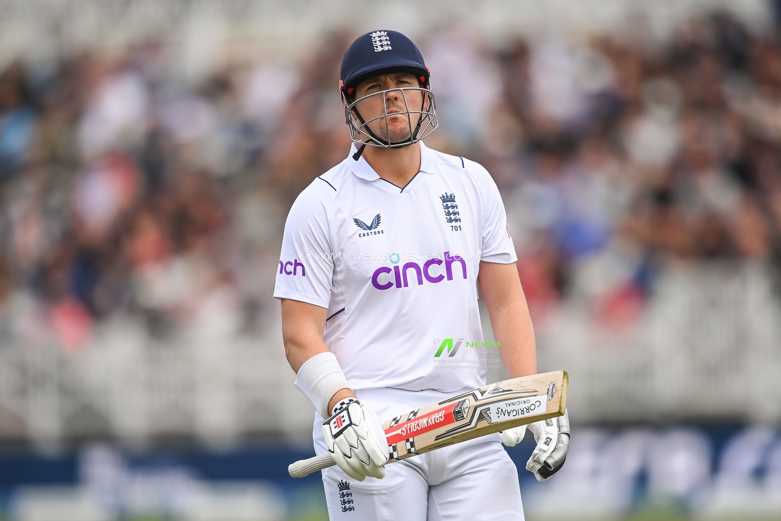 Alex Lees of England leaves the field after he is caught out