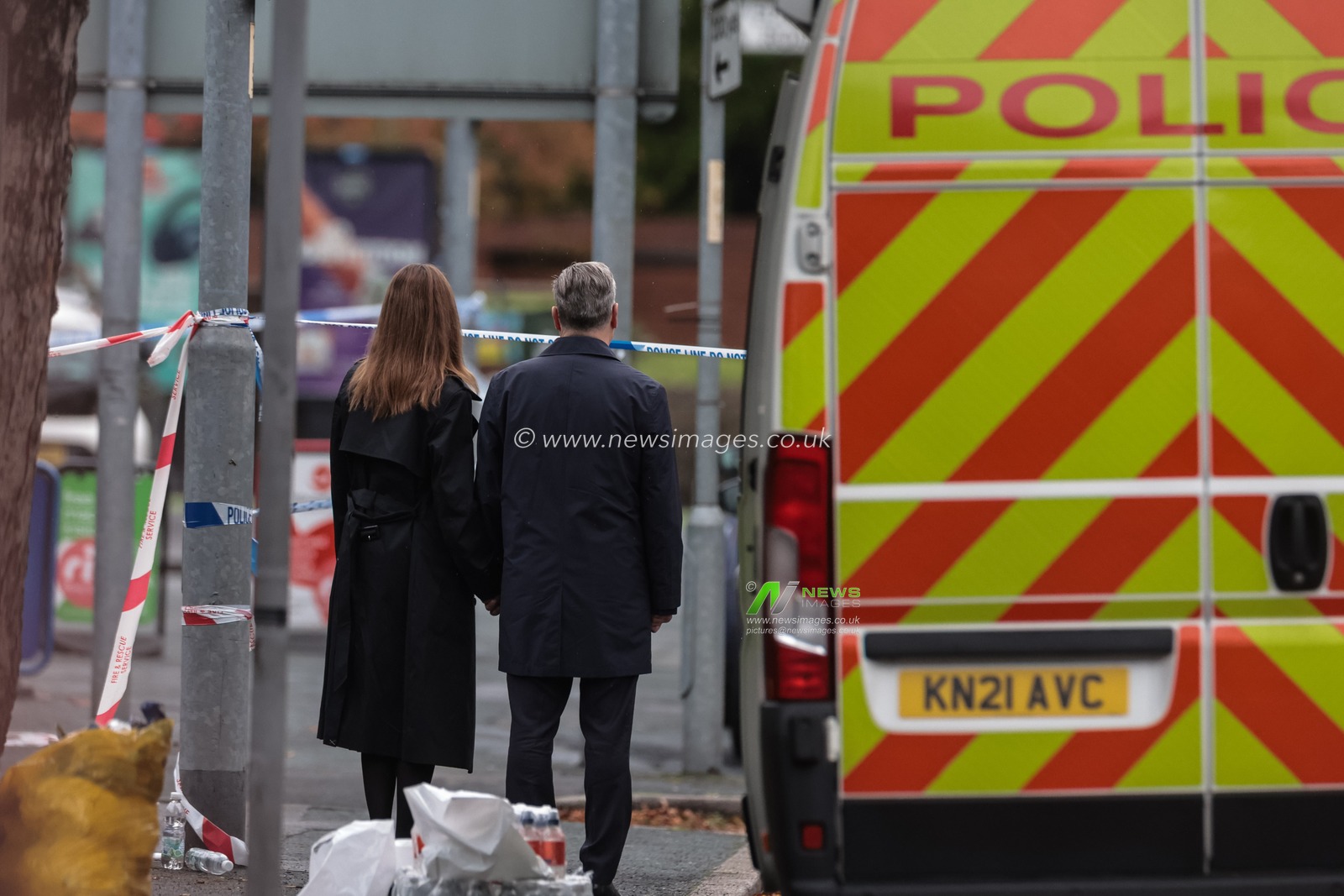 Sir Keir Starmer, Prime Minister of the United Kingdom of Great Britain and Northern Ireland and his wife Victoria, Lady Starmer look over the scene during the Manchester synagogue terror attack day 2 at Heaton Park Shul, Manchester, United Kingdom, 3rd October 2025

(Photo by Mark Cosgrove/News Images)