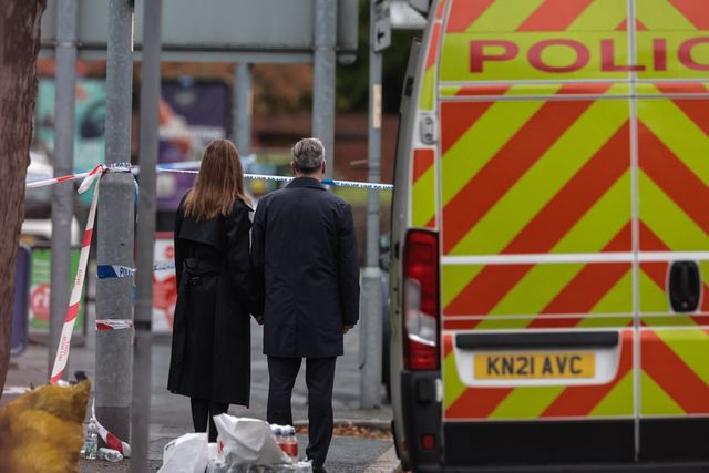 Sir Keir Starmer, Prime Minister of the United Kingdom of Great Britain and Northern Ireland and his wife Victoria, Lady Starmer look over the scene during the Manchester synagogue terror attack day 2 at Heaton Park Shul, Manchester, United Kingdom, 3rd October 2025

(Photo by Mark Cosgrove/News Images)