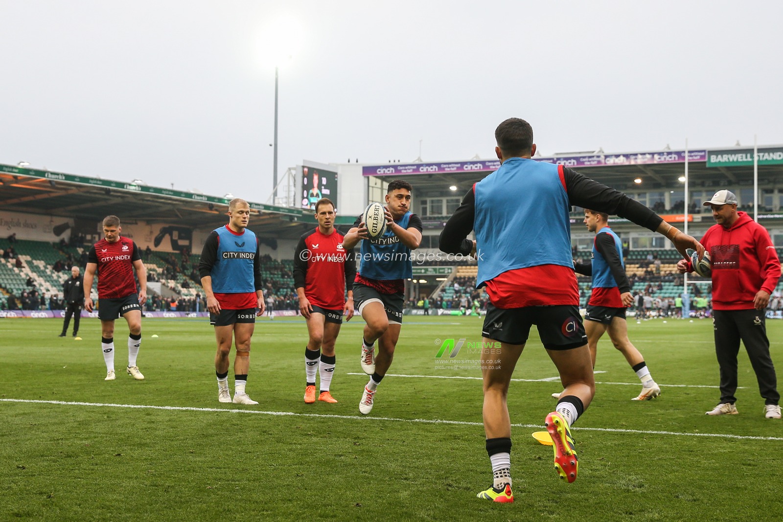Saracens players during during pre match warm up the Gallagher Premiership Play-off Semi-final match Northampton Saints vs Saracens at Cinch Stadium at Franklin's Gardens, Northampton, United Kingdom, 31st May 2024

(Photo by Gareth Evans/News Images)