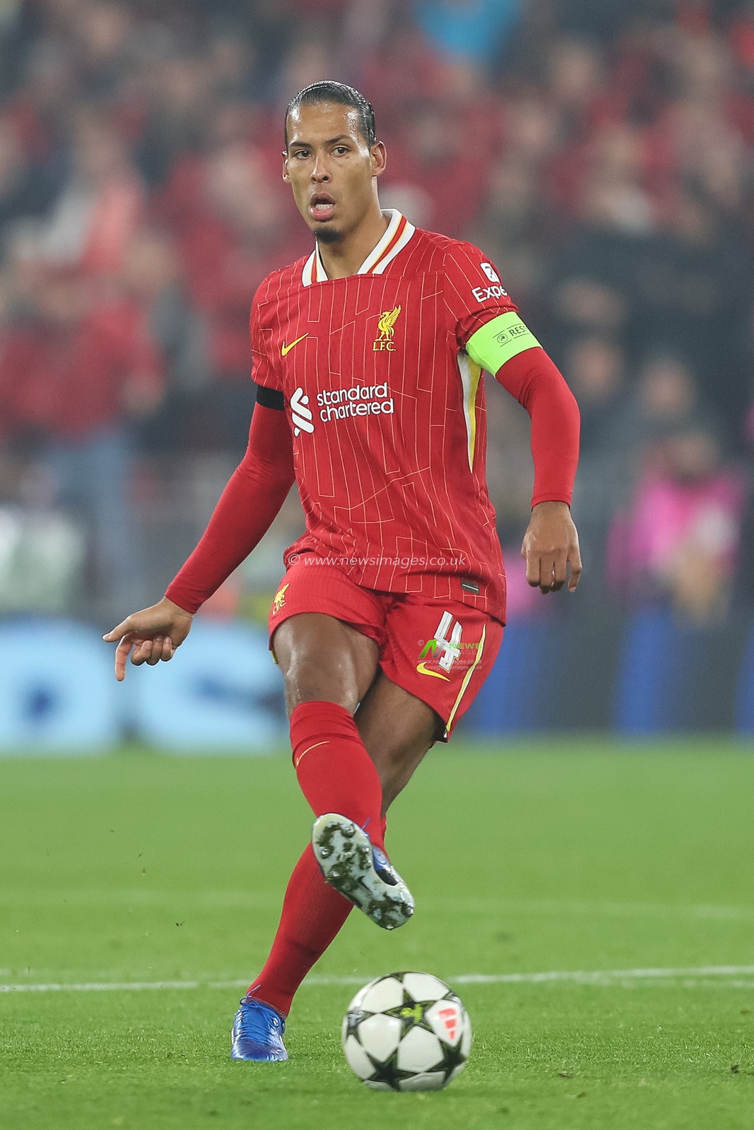 Virgil van Dijk of Liverpool with the ball during the UEFA Champions League, League Stage match Liverpool vs Bayer 04 Leverkusen at Anfield, Liverpool, United Kingdom, 5th November 2024

(Photo by Gareth Evans/News Images)