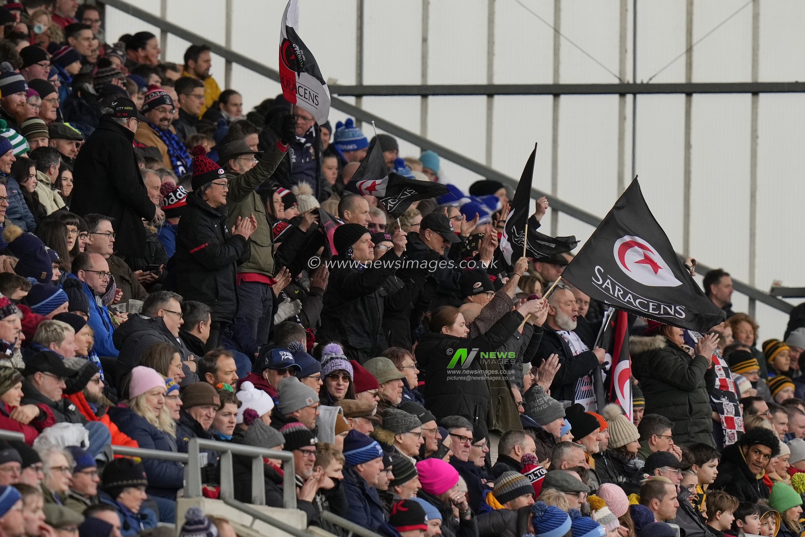 Saracens fans celebrate a try during the Gallagher Premiership match Sale Sharks vs Saracens at AJ Bell Stadium, Eccles, United Kingdom, 5th March 2023

(Photo by Steve Flynn/News Images)