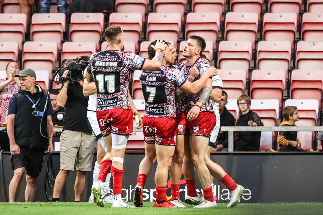 AJ Towse of Leigh Leopards celebrates his try during the Betfred Super League round 12 match Leigh Leopards vs Hull FC at Leigh Sports Village, Leigh, United Kingdom on 22 May 2026

(Photo by Alfie Cosgrove/News Images)