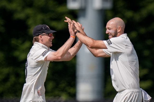 Gabe Bell of Gloucestershire celebrates his wicket ofBen Aitchison of Derbyshire with his team mates during the County Championship Division Two Derbyshire v Gloucestershire at The Central Co-Op County Ground, Derby, United Kingdom on 26 April 2026

(Photo by Maynard Manyowa/News Images)