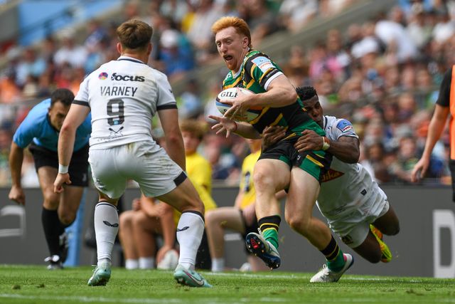 George Hendy of Northampton Saints tackled by Immanuel Feyi-Waboso of Exeter Chiefs during the Gallagher PREM Final match Northampton Saints vs Exeter Chiefs at Allianz Stadium, Twickenham, United Kingdom on 20 June 2026.

(Photo by Alex Williamson/News Images)