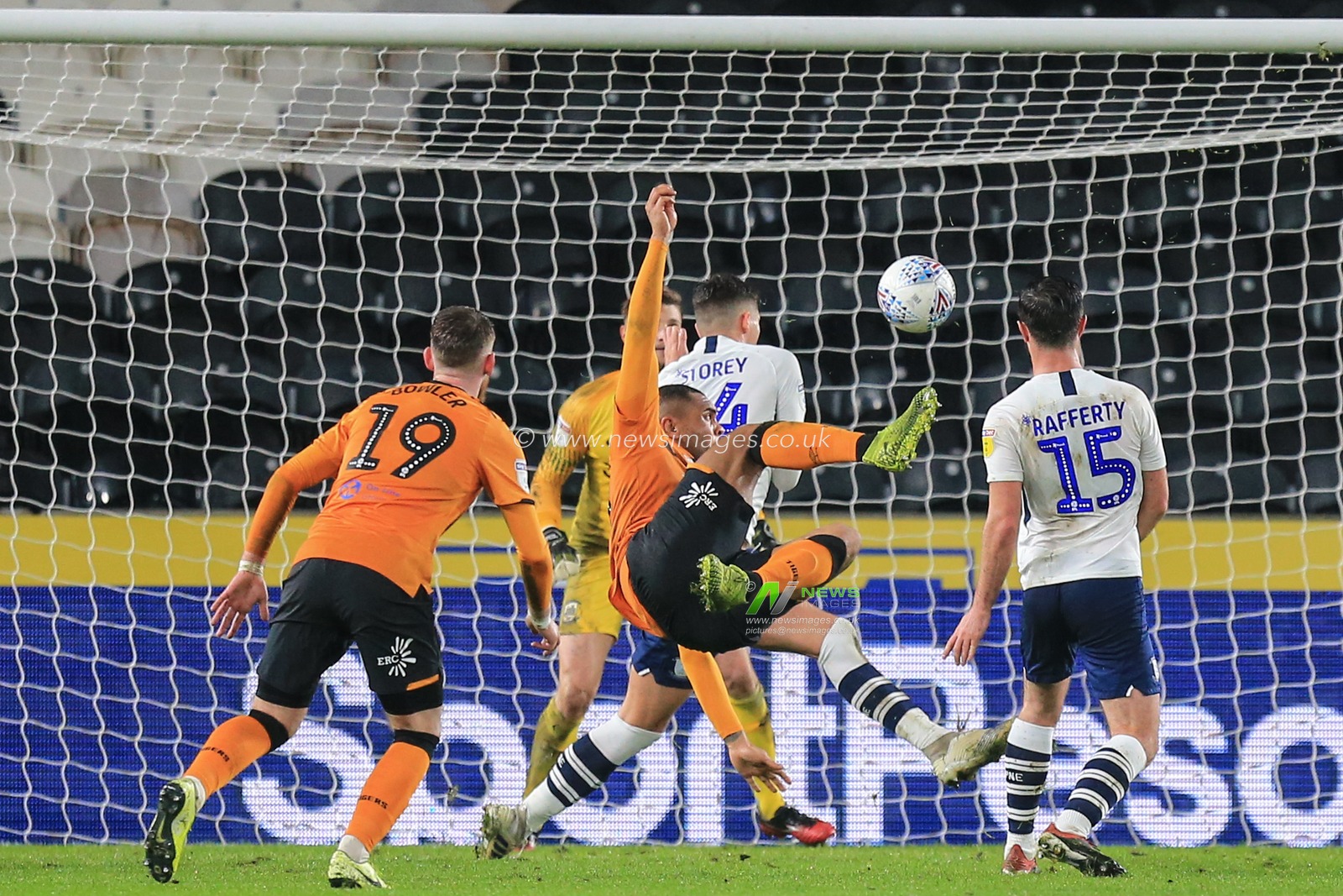 27th November 2019, KC Stadium, Kingston upon Hull, England; Sky Bet Championship, Hull City v Preston North End : Josh Magennis (27) of Hull City has a dramatic shot at goal

Credit: David Greaves/News Images