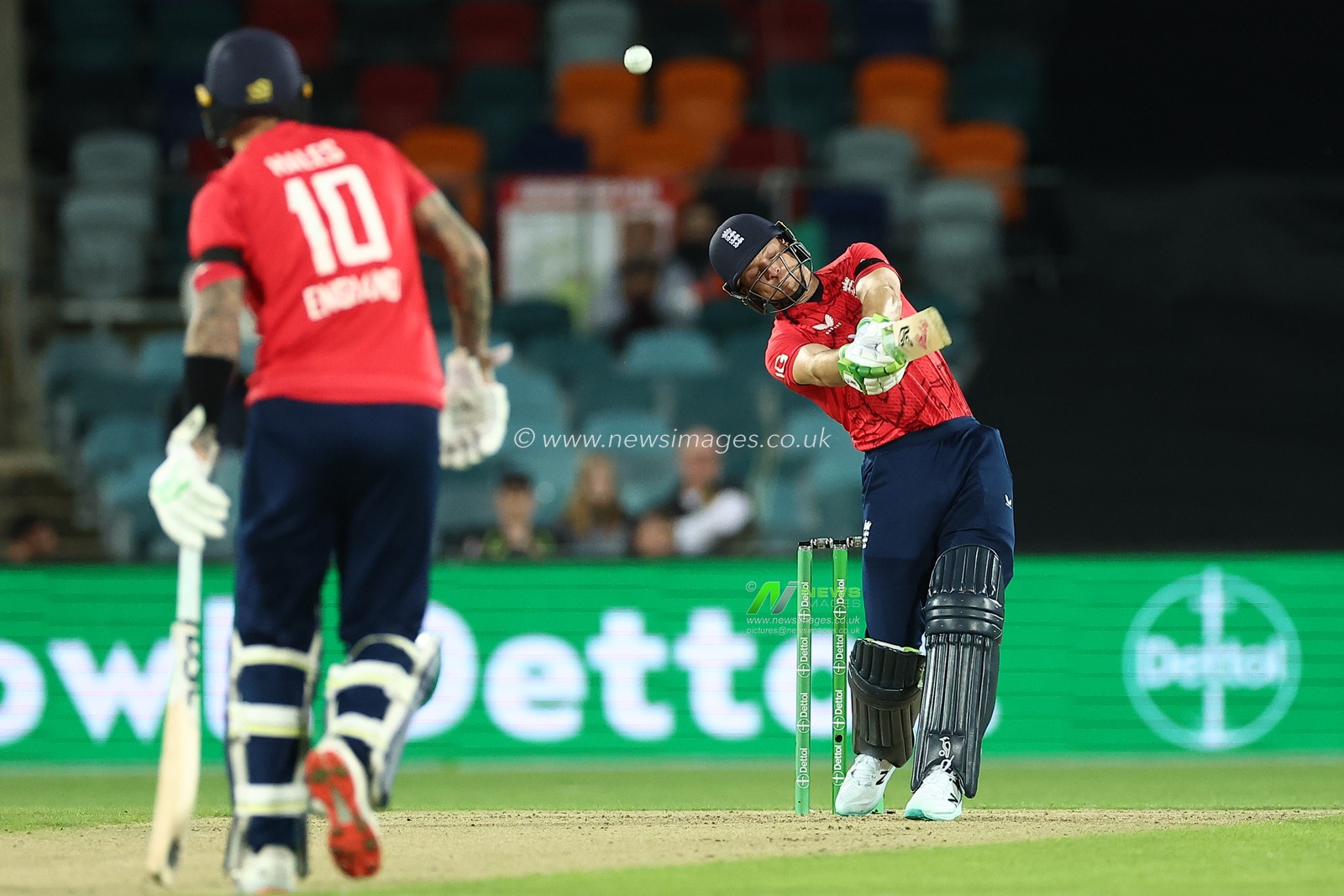 Jos Buttler (c) of England hits the ball during the Dettol T20I Series 2 of 3 match Australia vs England at Manuka Oval, Canberra, Australia, 12th October 2022

(Photo by Patrick Hoelscher/News Images)