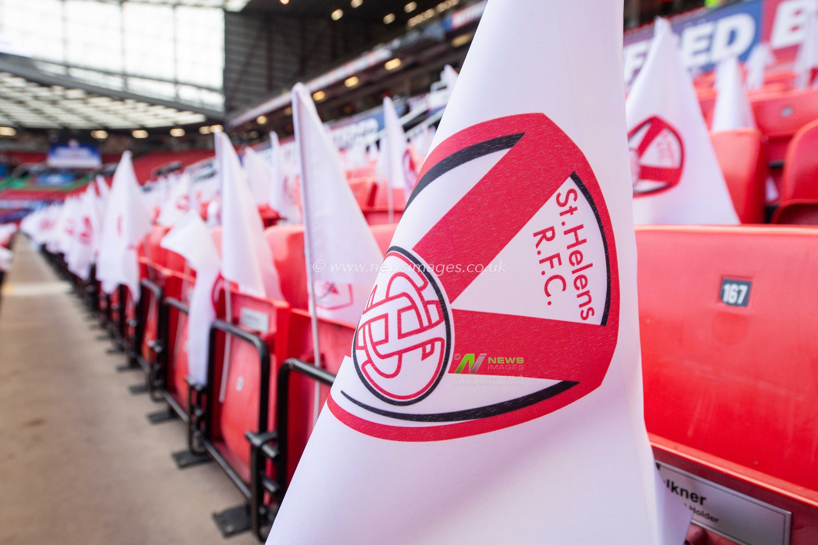 Saints flags placed on the seats ahead of the 25th Betfred Super League Grand Final match St Helens vs Leeds Rhinos at Old Trafford, Manchester, United Kingdom, 24th September 2022

(Photo by Craig Thomas/News Images)