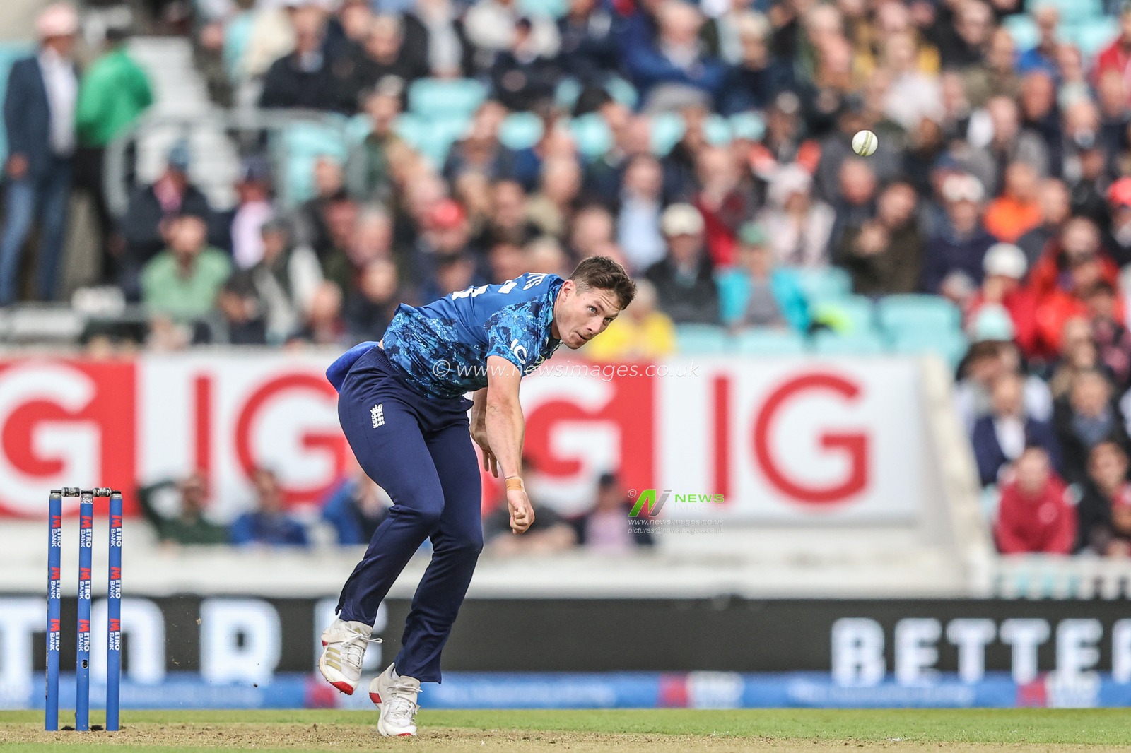 Matthew Potts of England delivers the ball during the 3rd Metro Bank ODI England v West Indies at The Kia Oval, London, United Kingdom, 3rd June 2025

(Photo by Alfie Cosgrove/News Images)