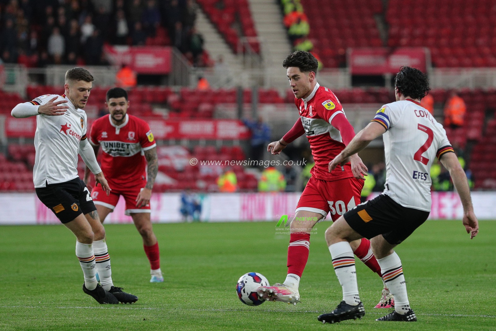 Hayden Hackney #30 of Middlesbrough plays a through ball during the Sky Bet Championship match Middlesbrough vs Hull City at Riverside Stadium, Middlesbrough, United Kingdom, 19th April 2023

(Photo by James Heaton/News Images)