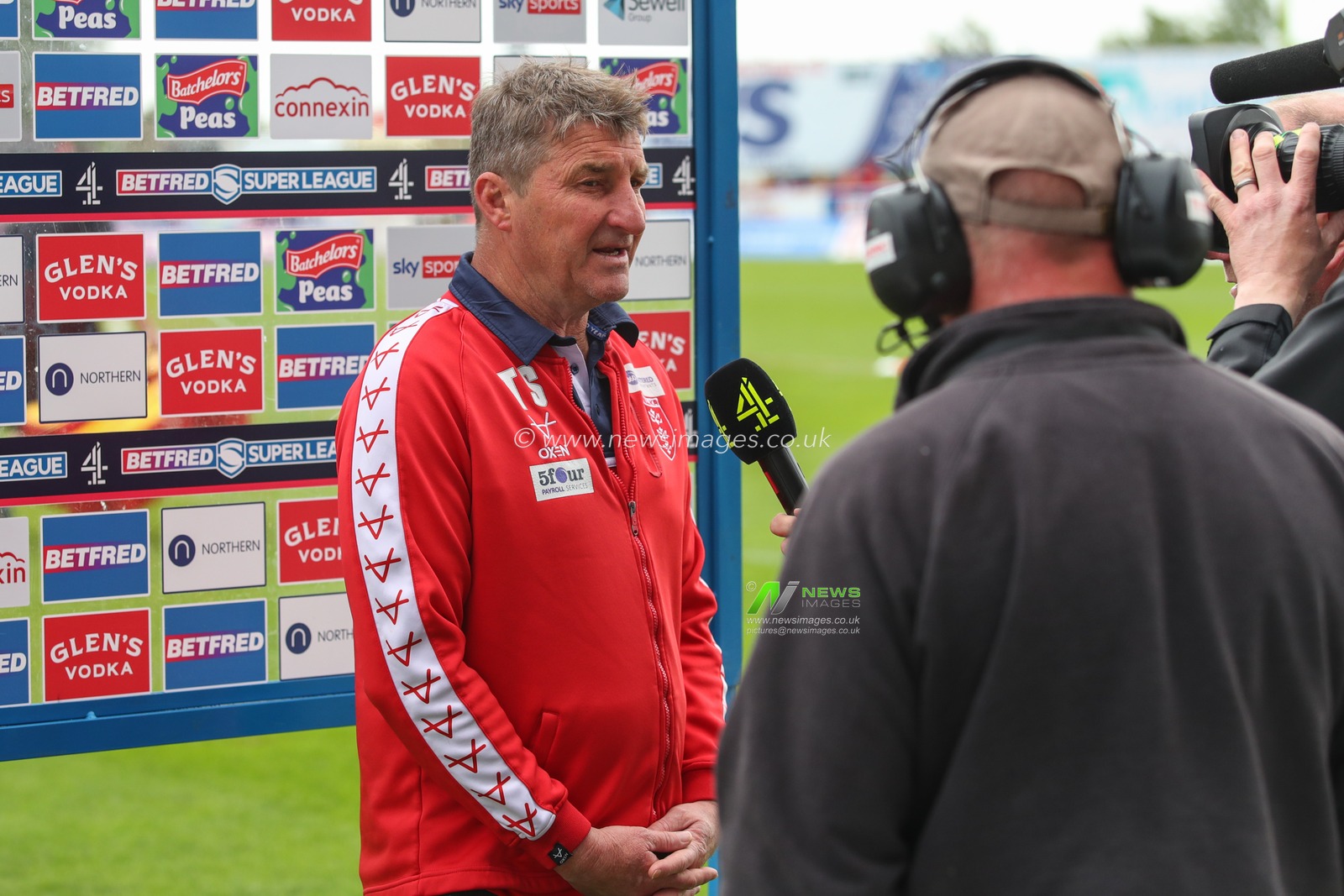 Tony Smith Head Coach of Hull KR of Catalans Dragons being interviewed by Channel 4 TV