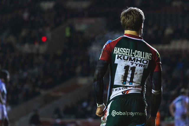 Ollie Hassell-Collins of Leicester Tigers during the Gallagher Premiership match Leicester Tigers vs Gloucester Rugby at Mattioli Woods Welford Road Stadium, Leicester, United Kingdom, 19th December 2025

(Photo by Craig Evans/News Images)

*** GER AUT SUI OUT ***