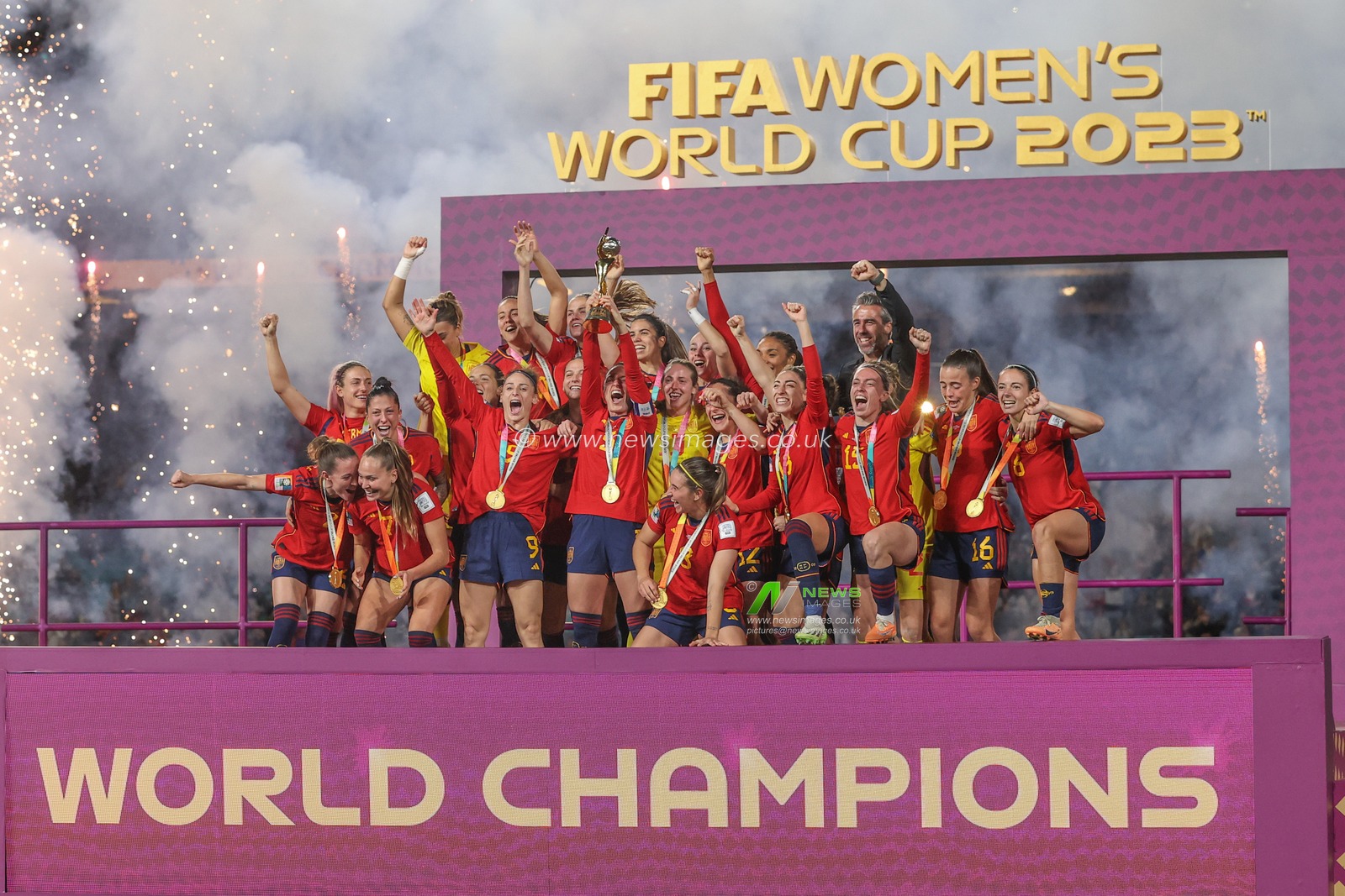Spain lift the World Cup trophy after winning 1-0 during the FIFA Women's World Cup 2023 Final match Spain Women vs England Women at Stadium Australia, Sydney, Australia, 20th August 2023

(Photo by Patrick Hoelscher/News Images)
